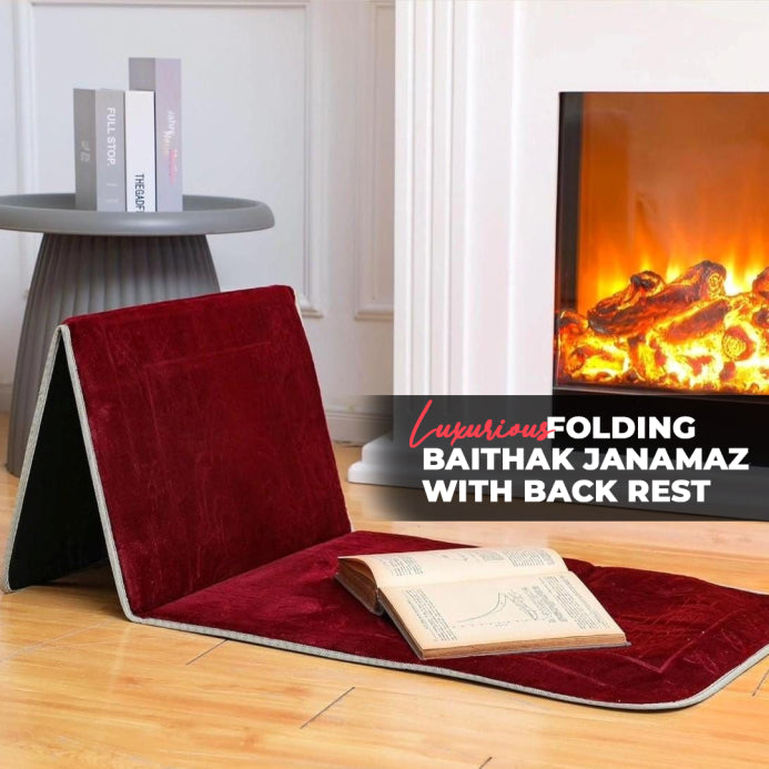 Luxurious Folding Baithak Janamaz with Back Rest - Velvet Prayer Rug