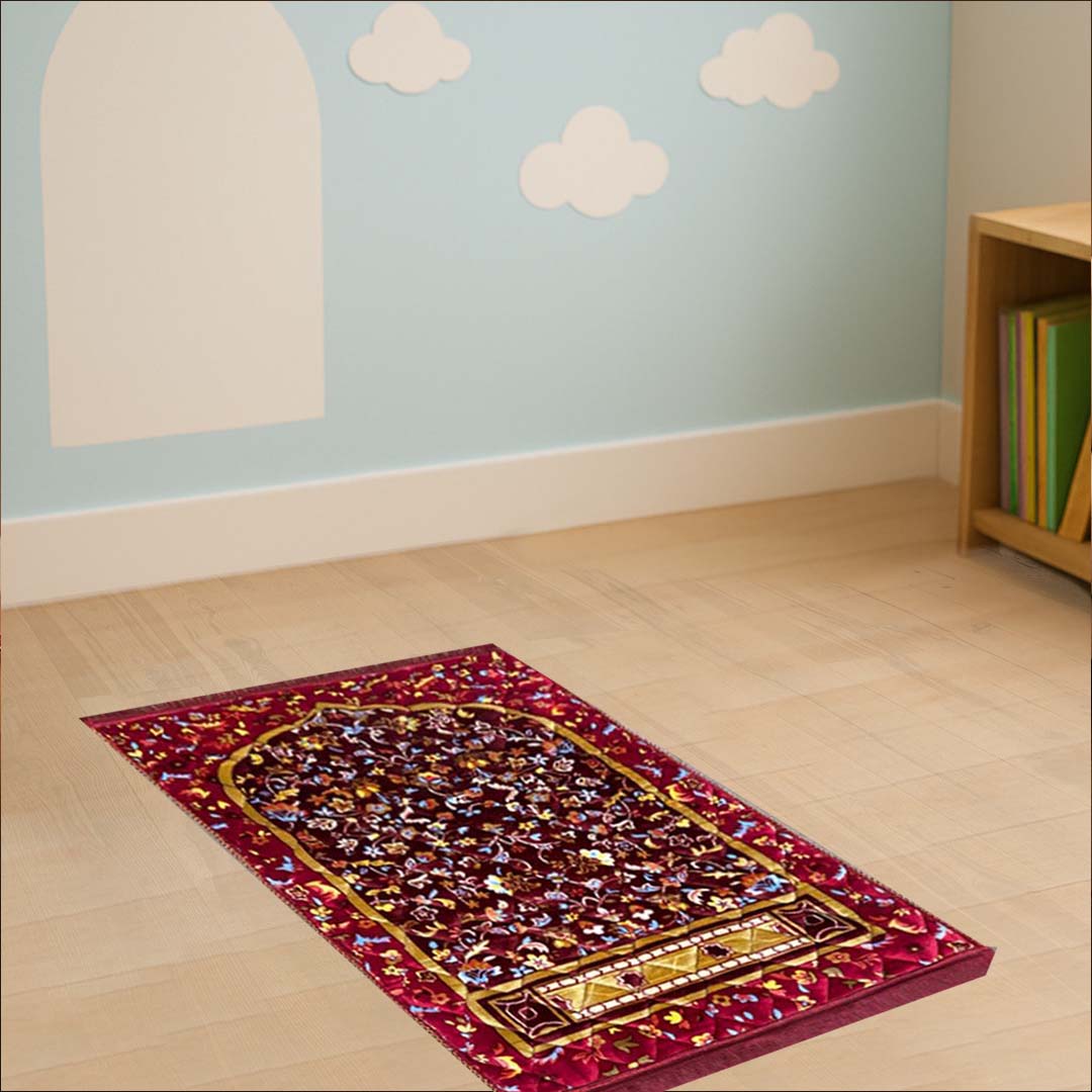 Kids Multi Floral Print Velvet Luxury Prayer Mat. - THE RUHANI
