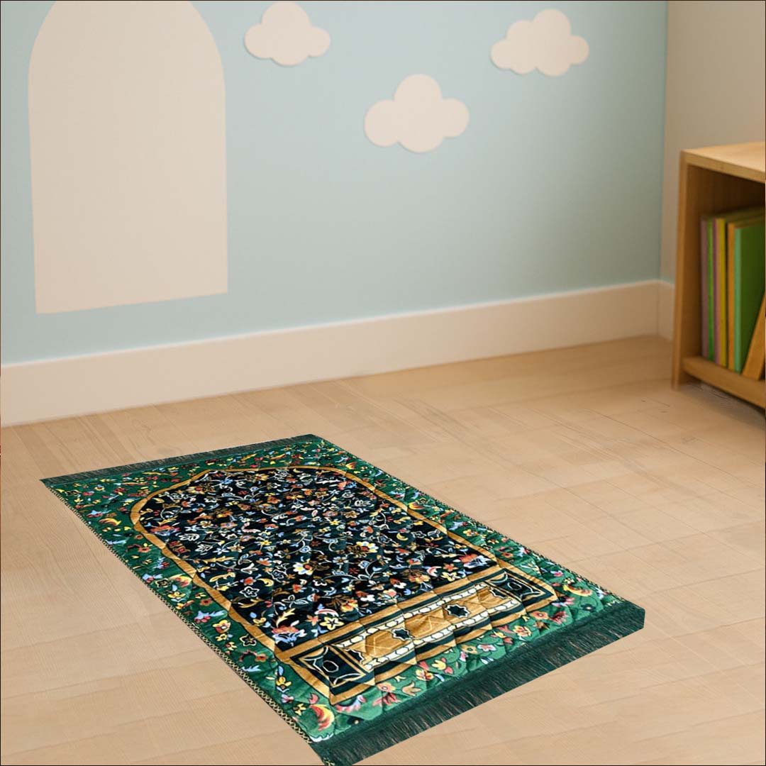 Kids Multi Floral Print Velvet Luxury Prayer Mat. - THE RUHANI